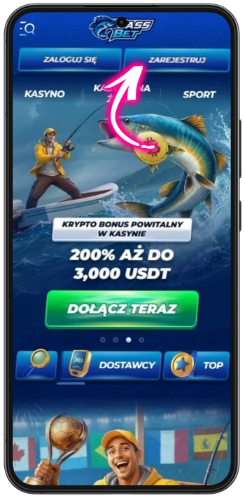 Krok 1 rejestracji w Bassbet - przycisk Zarejestruj