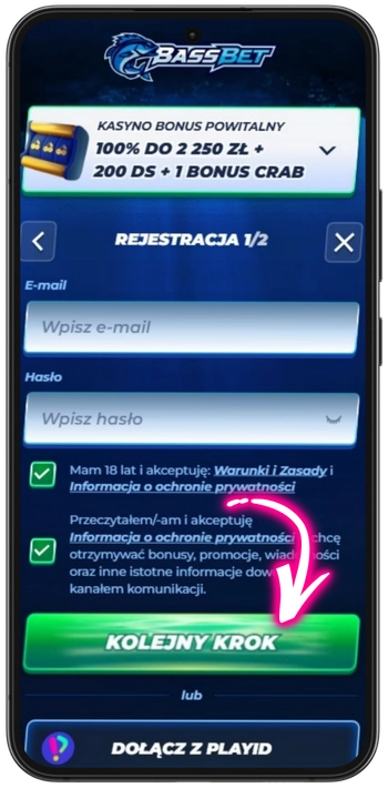 Formularz rejestracji Bassbet - email i hasło